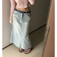 批发现 66875# 夏季新款女装磨白后开叉牛仔半身裙