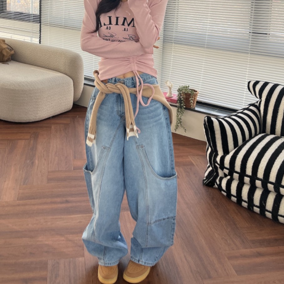 지금 빅 포켓 넓은 다리 데님 바지