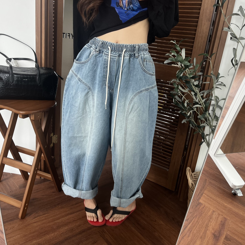 외국 가스 노크 바람의 소리 더블 핀치 Pleat 펌프 로프 보존 루즈핏 청바지