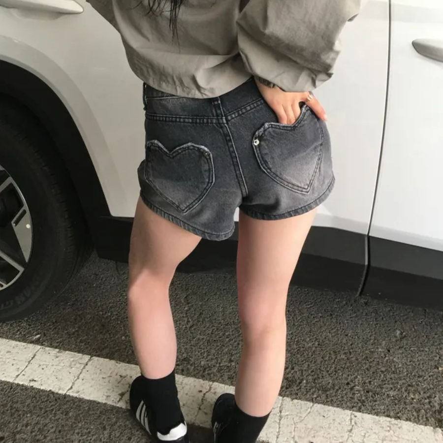 레트로 연삭 화이트 하트 주머니 데님 반바지