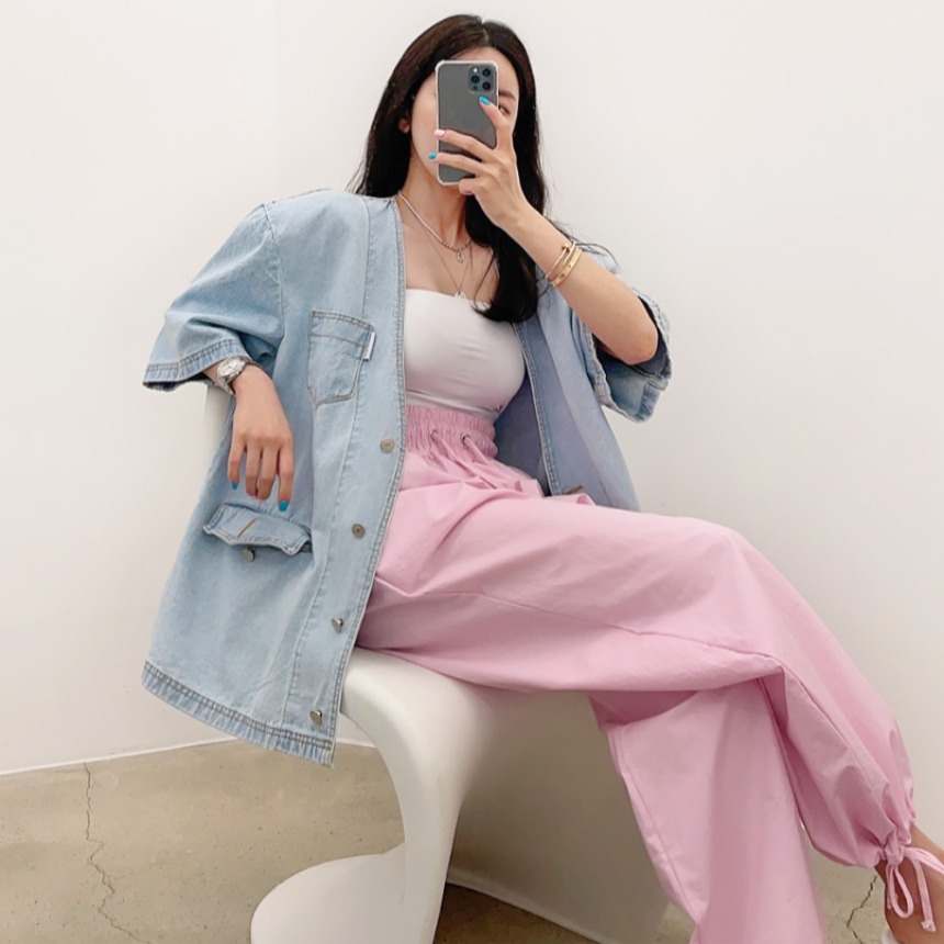 지금 레트로 V넥 루즈핏 싱글 줄 버튼 반팔 워싱 블루 재킷