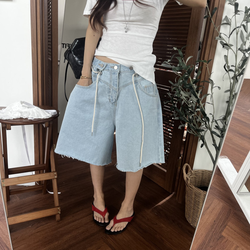 허리 끈 루즈핏 넓은 다리 데님 반바지
