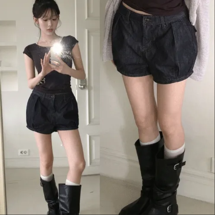 하이웨이스트 주름 장식 랜턴 데님 반바지