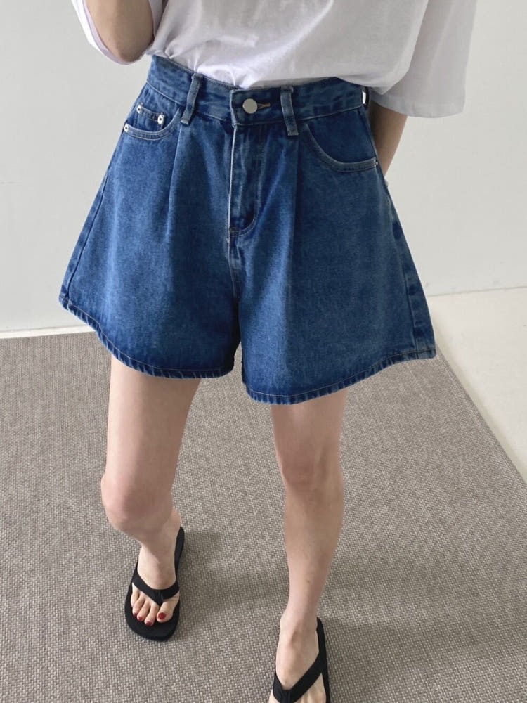 지금 핀치 Pleat 보존 루즈핏 연령 감소 캐주얼 하이웨이스트 데님 반바지