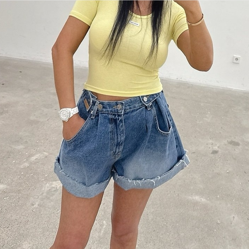 레이블 넓은 다리 거친 가장자리 데님 반바지