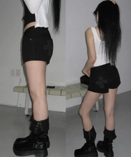 지금 뜨거운 거리 징 주머니 카본 블랙 초단 핫 바지