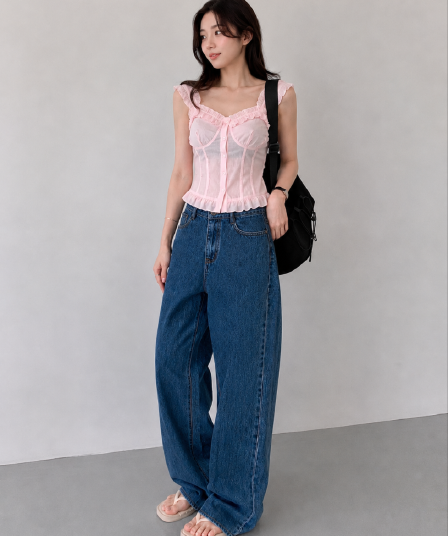 지금 레트로 파란색 루즈핏 다용도 기초 섹션 넓은 다리 청바지