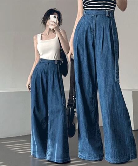 허리 패치워크 경기 트루 컬러 벨트 캐주얼 와이드 레그 팬츠 여름
