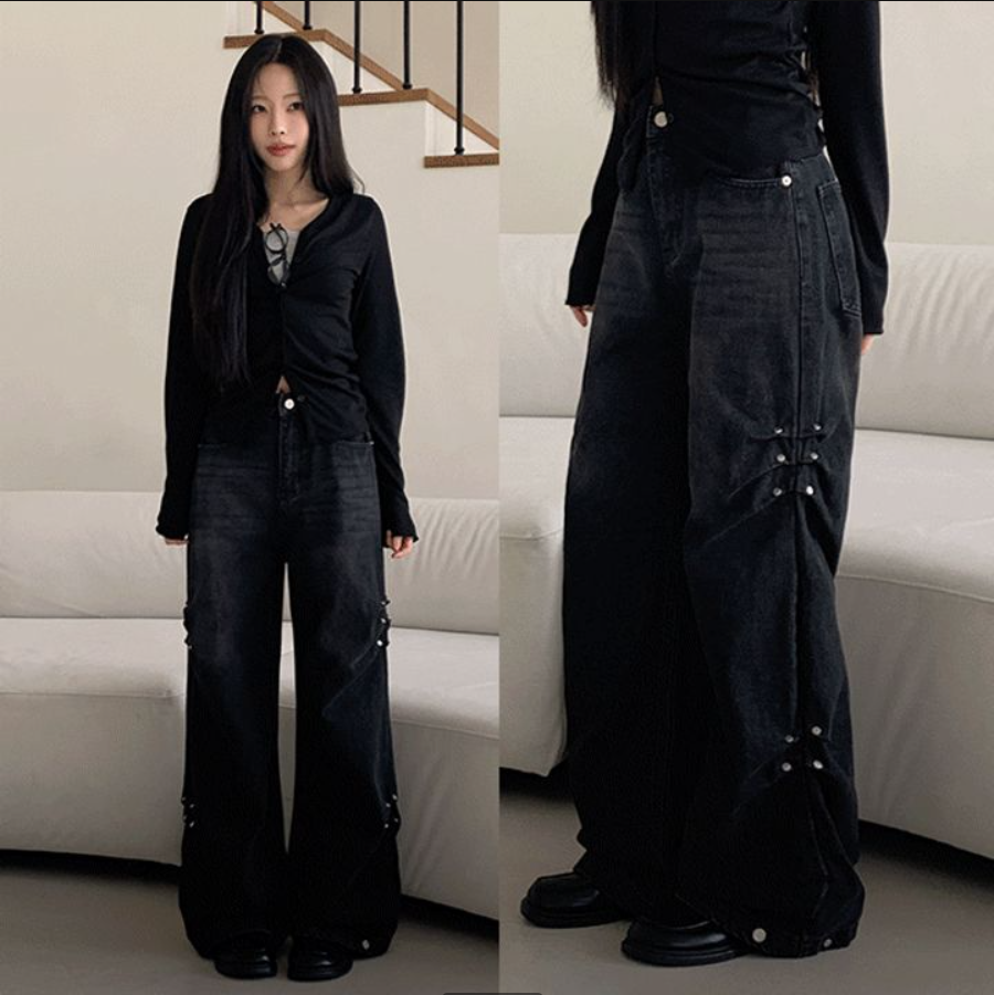 삼색 지금 캐주얼 징 주름 넓은 다리 청바지