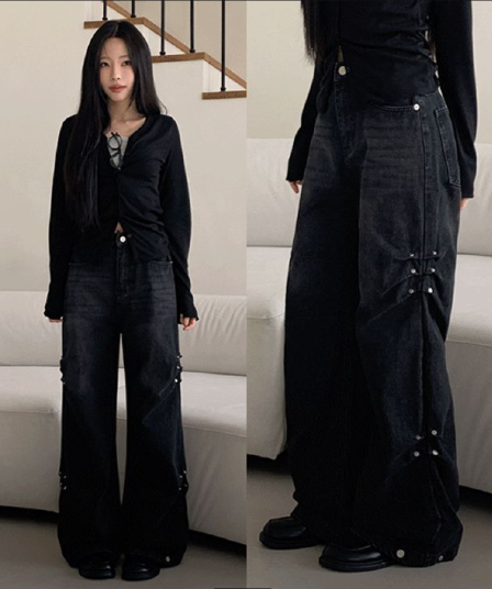 삼색 지금 캐주얼 징 주름 넓은 다리 청바지