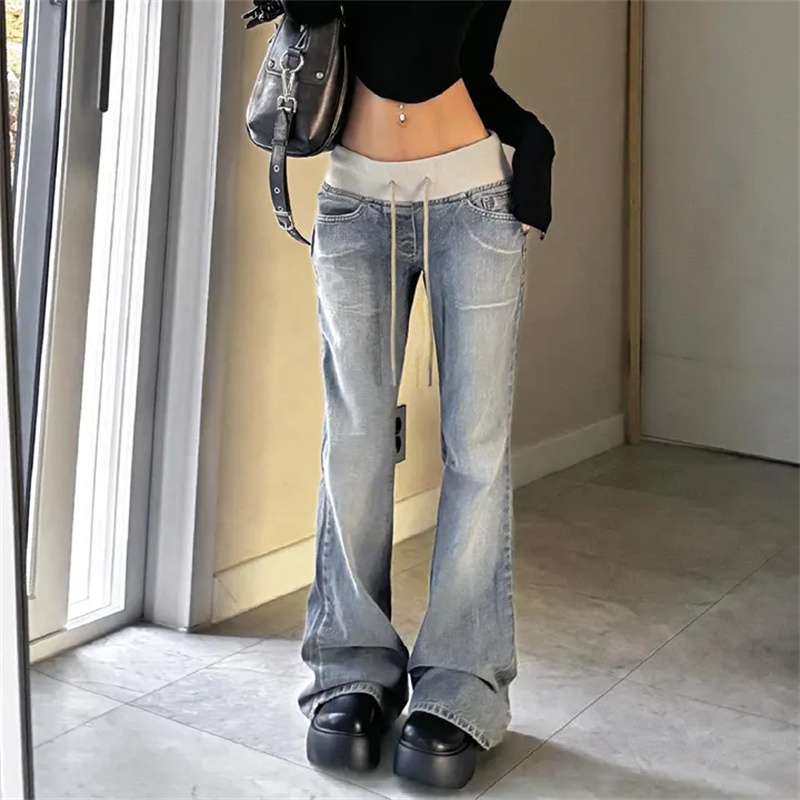 지금 허리 머리 패치워크 얇은 스타일 원단 부츠컷 데님 긴 바지