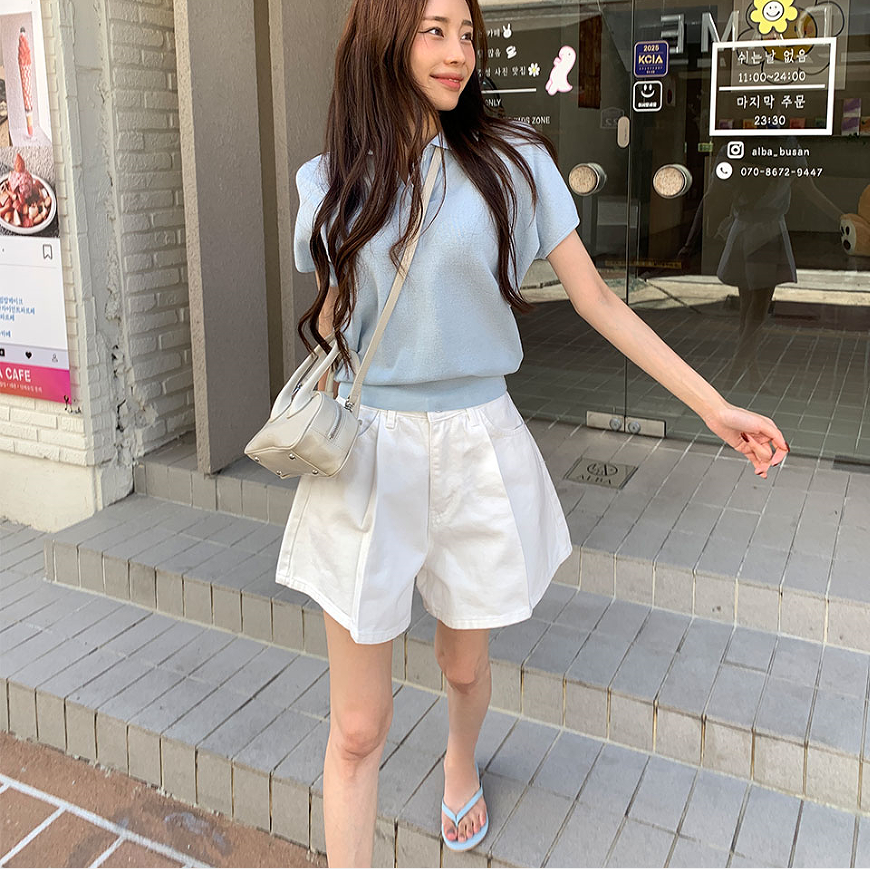 지금 다용도 바늘 Pleat 한 마디 나팔 진한 파란색 넓은 다리 데님 핫 바지 반바지