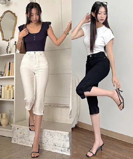 지금 여름 시원한 화이트 7 분 신축성 카키색 바지 자르기 트임 화이트 검정색