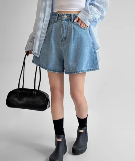 4 가지 색상 지금 26 레트로 워싱 바늘 Pleat 루즈핏 마 오래된 넓은 다리 데님 반바지