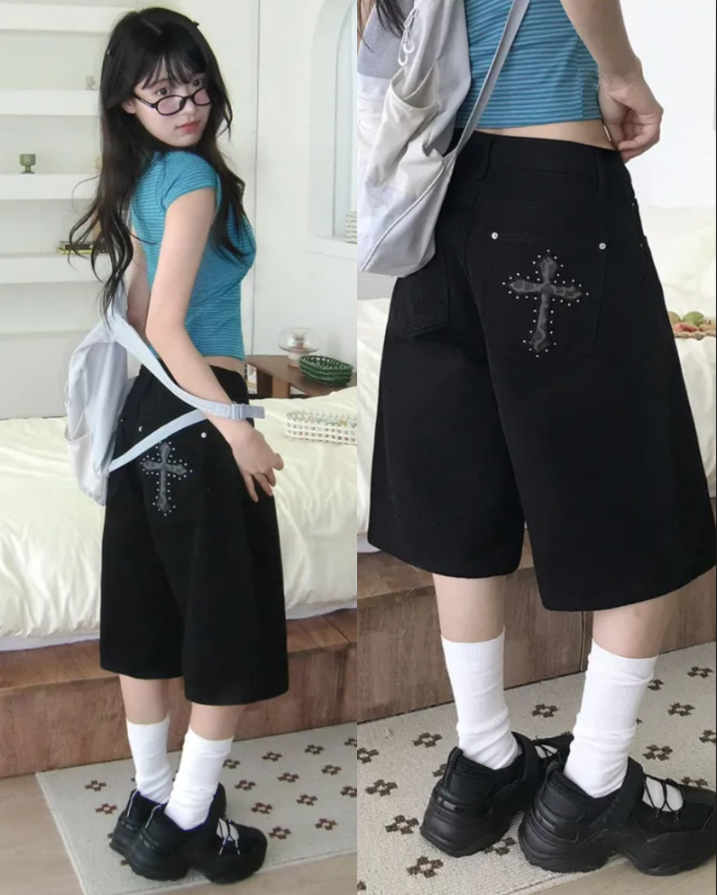 지금 레오파드 무늬 십자가 뜨거운 벽돌 캐주얼 5 점 넓은 다리 데님 반바지