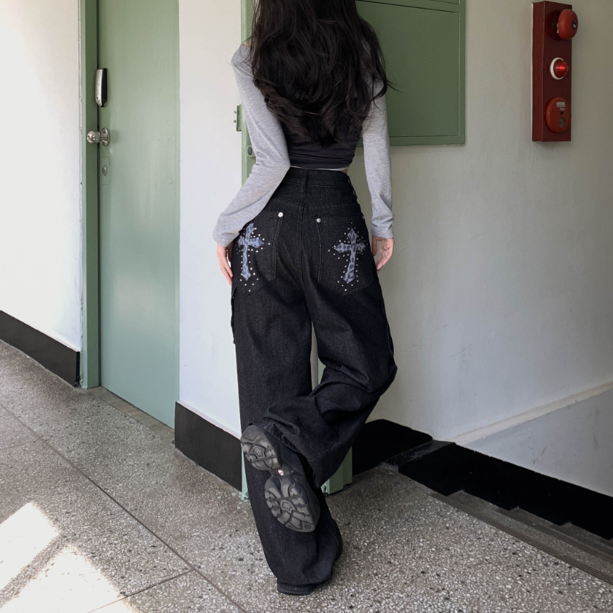 지금 레트로 워싱 하이웨이스트 이후 주머니 카모플라주 십자가 뜨거운 벽돌 루즈핏 넓은 다리 데님 긴 바지