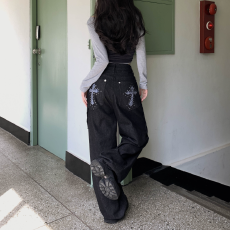 批发现 复古水洗高腰后口袋迷彩十字烫砖宽松阔腿牛仔长裤