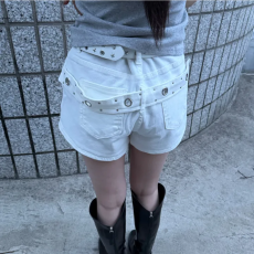 批发现 纯色圈圈孔眼柳钉扣子休闲弹力牛仔棉质短款