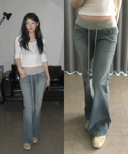 지금 얇은 스타일 원단 세련된 복잡한 허리밴드 리브 허리 머리 캐주얼 청바지