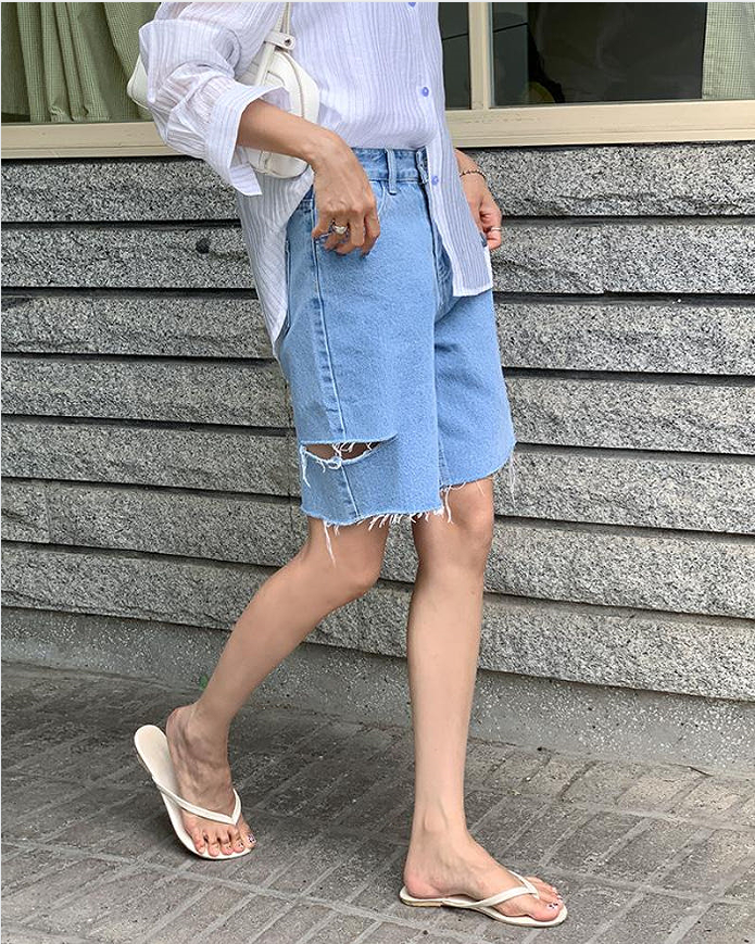 지금 워싱 하프 하이웨이스트 찢어진 부분 거친 가장자리 캐주얼 데님 반바지