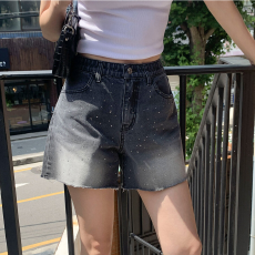 批发松紧腰闪亮水钻切割水洗牛仔短<b class='q'>裤</b>-2色