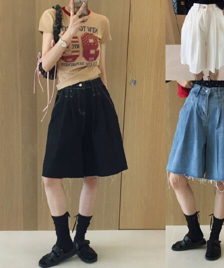삼색 지금 바늘 Pleat 거친 가장자리 넓은 다리 데님 바지 반바지