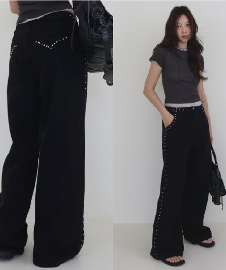 둘 색상 지금 검정색 파란색 징 장식 측면 하이 웨이스트 청바지 새로운 스트레이트 팬츠
