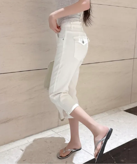 2 색 지금 바지 트임 수리 주머니 몸 타이트 7 점 데님 바지 반바지