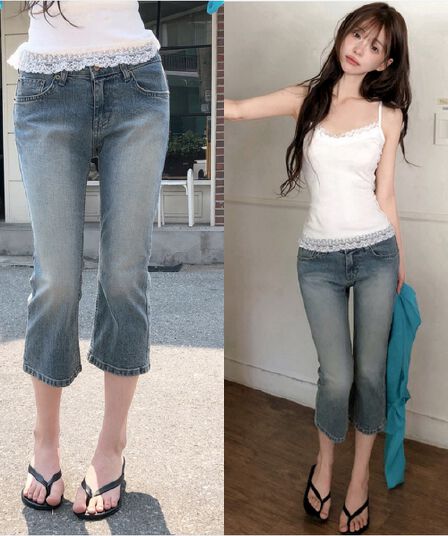 지금 레트로 맛 ~ 중 로우 웨이스트 데님 부츠컷 7부 바지