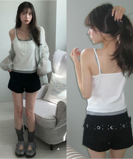 삼색 지금 벨트 디자인 데님 반바지