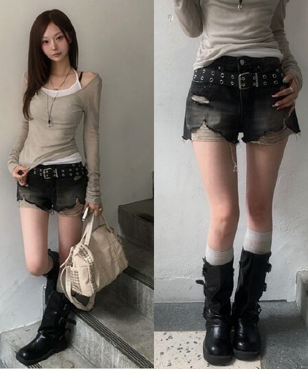 삼색 지금 a 선 찢어짐 데님 반바지