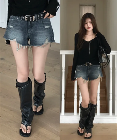 지금 여름 디스플레이 다리 길이 핫걸 찢어진 부분 그리기 거친 가장자리 슬림해 보이는 데님 반바지