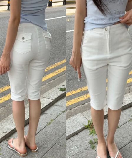 지금 단색 주머니 몸매 가꾸기 바지 트임 7 점 데님 바지 반바지