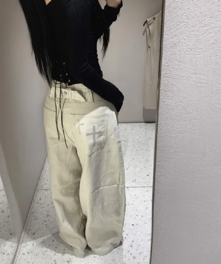 구슬 조각 십자가 스트랩 단추 넓은 다리 데님 긴 바지