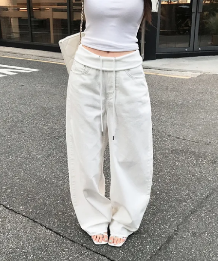 허리 머리 패치워크 끈 루즈핏 넓은 다리 데님 긴 바지