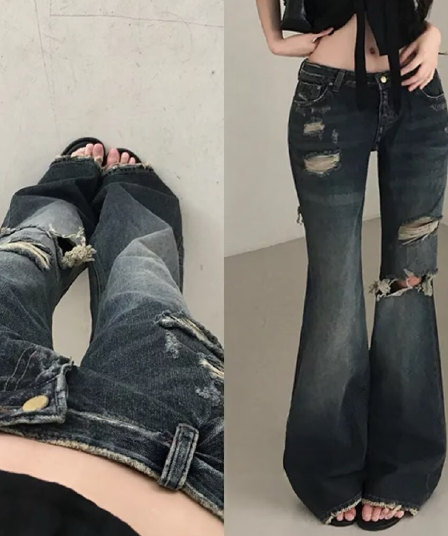 찢어진 부분 반란 부츠컷 몸매 가꾸기 슬림해 보이는 고양이 발톱 연삭 화이트 청바지
