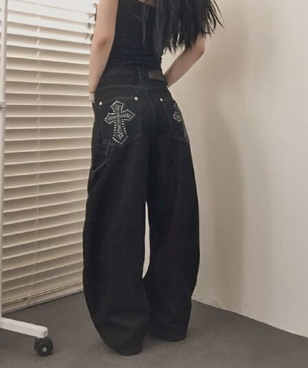 지금 주머니 카모플라주 자수 느긋한 바람 디자인 센스 마 오래된 워싱 데님 바닥 청소 긴 바지