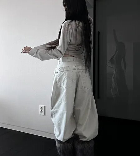 지금 레트로 징 뒤에 벨트 디자인 넓은 다리 루즈핏 청바지