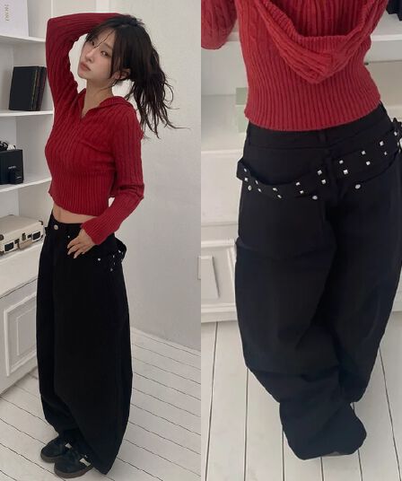 지금 레트로 징 뒤에 벨트 디자인 넓은 다리 루즈핏 청바지