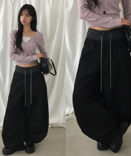 펌프 로프 스트라이프 허리밴드 청바지 여성 가을 루즈핏 넓은 바지