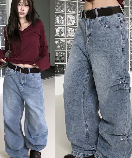 삼색 지금 측면 징 핀 Pleat 측면 스냅 단추 데님 와이드 바지