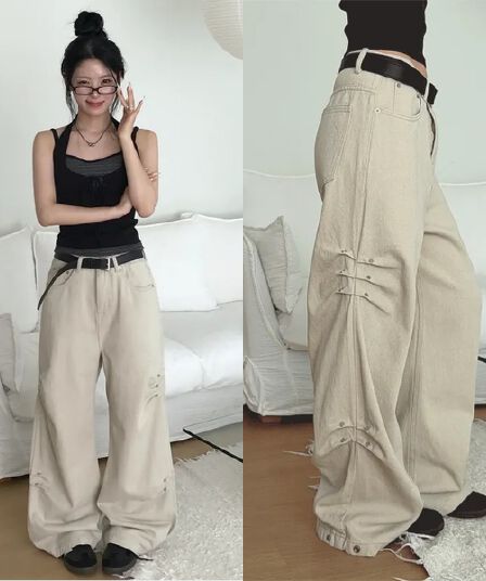 삼색 지금 측면 징 핀 Pleat 측면 스냅 단추 데님 와이드 바지