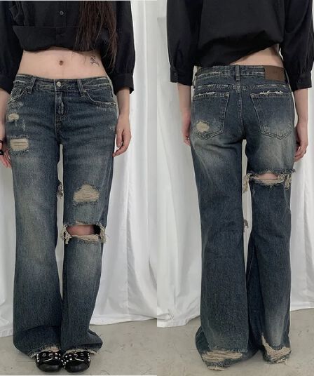 지금 레트로 워싱 캐주얼 루즈핏 그리기 찢어진 부분 거친 가장자리 데님 긴 바지