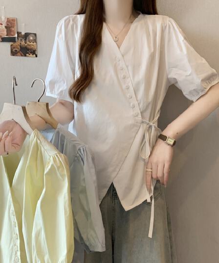 실사 빅 사이즈 2026 여름 드레스 새로운 한 부서 불규칙 측면 레이스업 허리 수축 디자인 V 넥 셔츠