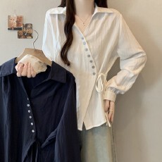批发实拍大码~秋<b class='q'>冬</b>装剪刀翻领斜门禁扣侧系带收腰不规则减龄衬衣小衫