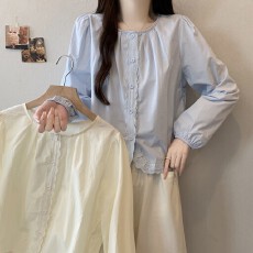 批发实拍大码~复古文艺蕾丝拼接泡泡袖圆领衬衫秋<b class='q'>冬</b>2025宽松百搭上衣