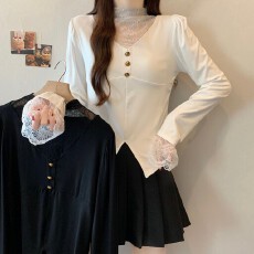 批发实拍<b class='q'>大码</b>~蕾丝拼接半高领打底衫女秋冬季穿搭显瘦内搭上衣小衫