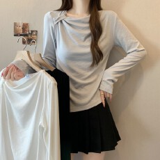批发实拍大码~ 法式不规则扭结荡领长袖T恤女2026春装<b class='q'>新款</b><b class='q'>打底衫</b>上衣