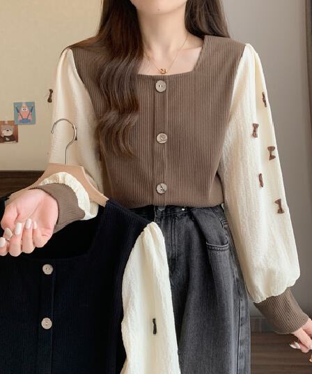 실사 빅 사이즈 프랑스식 광장 칼라 나비 매듭 긴팔 셔츠 봄 드레스 고유 한 Chic 페이크 레이어드 패치워크 색상 맨위