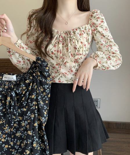 실사 빅 사이즈 가을 버블 긴팔 슈퍼 요정 디자인 센스 작은 대중 쇼트 스타일 Chic 맨위 프랑스식 꽃무늬 셔츠